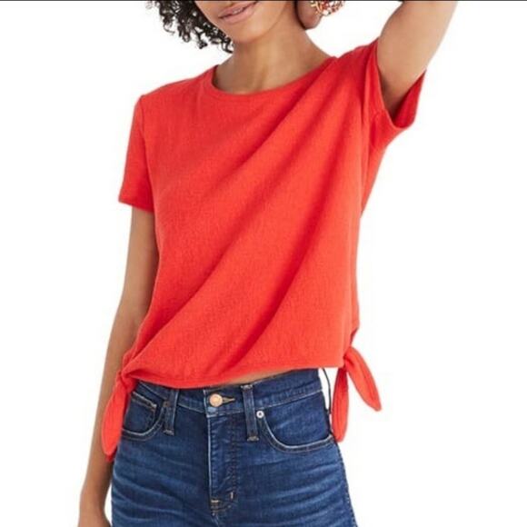 Madewell Texture & Thread Short Sleeve Crew Neck Tie Waist Red Top Size XL - Picture 1 of 14